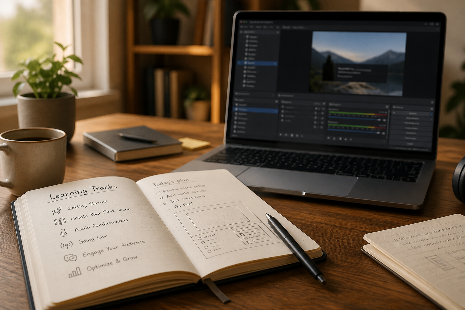 Learning desk with notebook and laptop for OBS Studio lessons