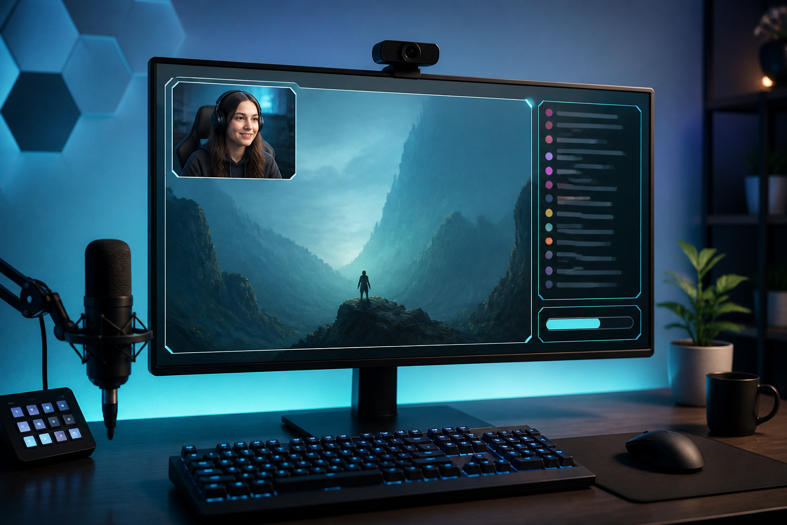 Streaming desk with an OBS-style overlay layout on screen
